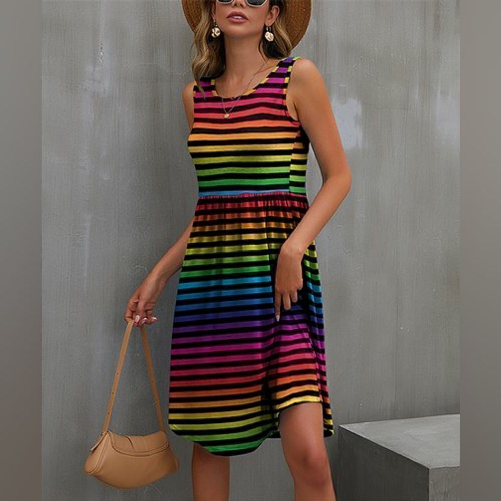 IZURIA Black Rainbow Stripe Midi Dress sz Sm